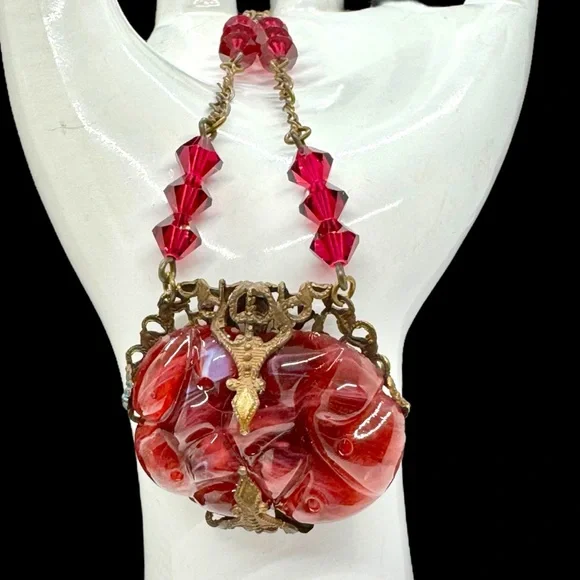 Vintage Art Deco Czech(?) Red Art Glass & Crystal Brass Necklace - Picture 6 of 12